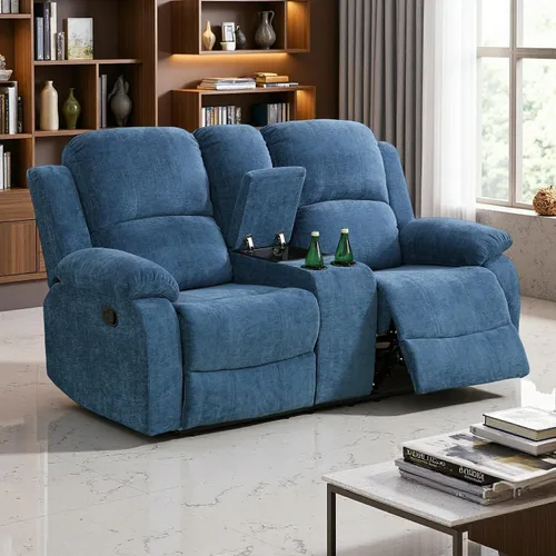 Vista 15 de Juego de Muebles para Sala de Estar, Juego de Sofá Reclinable Manual, Juegos de Sofás Reclinables de Cuero Beige con Mesa Desplegable, Sofá