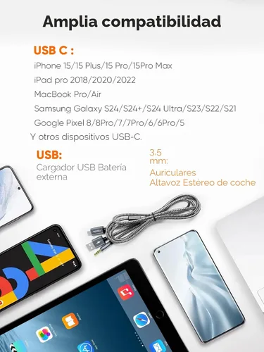 Vista 8 de CableCreation USB C a 3.5mm Cable de Audio con Cable de Carga USB, Cable Auxiliar para Coche, Tipo C a Jack Auxiliar para Auriculares, Estéreo