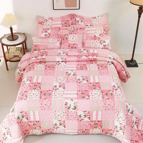 Vista 9 de Colcha floral con 1 funda de almohada, tamaño individual, juego de edredón de retazos rosa de 2 piezas, edredón de verano para niñas y mujeres