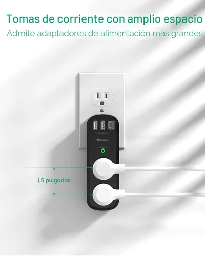 Vista 5 de Mifaso - Extensor de tomacorriente USB, protector de sobretensiones con enchufe giratorio, 1800 julios, 6 tomas de corriente alterna y 3 puertos USB