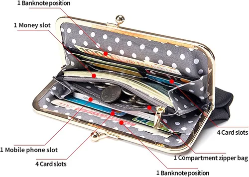 Vista 5 de Vintage Kiss Lock Cartera de cuero genuino para las mujeres múltiples ranuras para tarjetas de viaje bolso de embrague, Negro -, Vintage