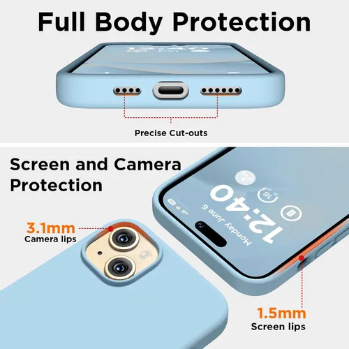 Vista 3 de Compatible con iPhone 15, funda de silicona líquida, funda protectora de cuerpo completo a prueba de golpes [forro de microfibra suave], funda Azul