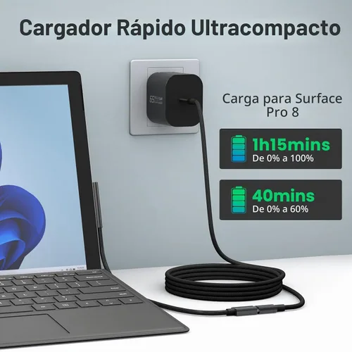Vista 6 de Cargador USB C Surface Pro de 65 W compatible con Surface Pro 3/4/5/6/7/8/9/10/X/11/12, Surface Book1/2/3, adaptador de corriente compatible