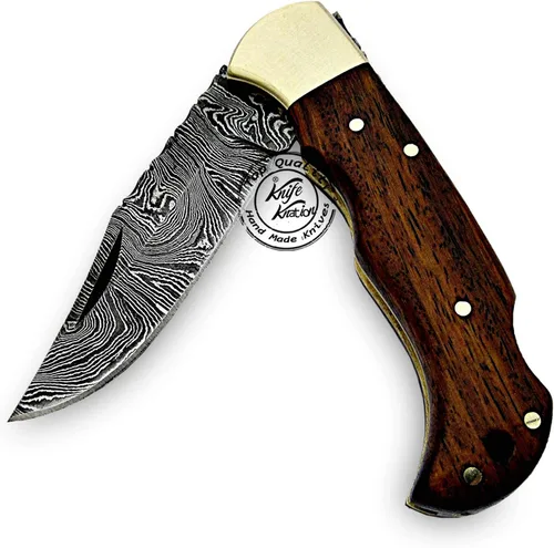 Vista 7 de Cuchillo de bolsillo de damasco hecho a mano de madera de rosa, plegable, cuchillo de caza, cuchillos plegables para hombres con mango de madera