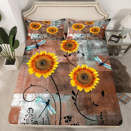 Vista 11 de Erosebridal Juego de ropa de cama rústica de tamaño individual, diseño de mariposa y girasol, para niños, adolescentes, adultos, retro, grunge