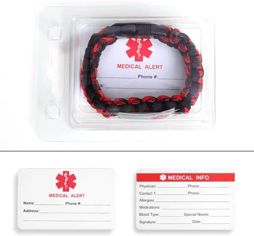 Vista 20 de Pulsera de alerta médica Paracord para hombres y mujeres Pulsera de identificación médica de acero inoxidable con hebillas de liberación lateral