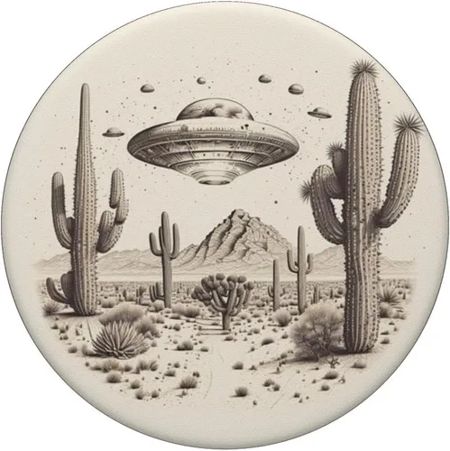 Vista 3 de Flying Aliens UFO Platillo rodeado de cactus, PopSockets intercambiables PopGrip