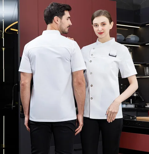 Vista 4 de Chaqueta de chef de moda para hombre, transpirable, con ventilación oculta, uniforme de chef (abrigo + delantal)