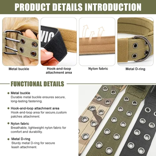 Vista 2 de Collar táctico personalizado para perro con parches de nombre y número de teléfono - Collar resistente personalizado con hebilla de cinturón