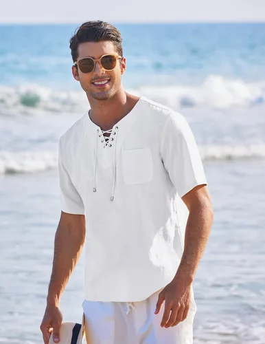 Vista 2 de COOFANDY Camiseta casual de lino de algodón para hombre, manga corta, con cordones, camisa hippie