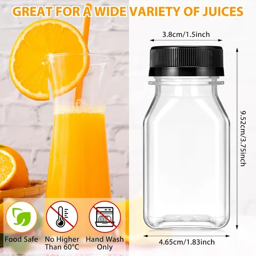 Vista 2 de Gerrii 75 botellas de plástico para jugo de 4 onzas con tapa, pequeñas botellas transparentes reutilizables con tapas, recipientes a granel, aptas