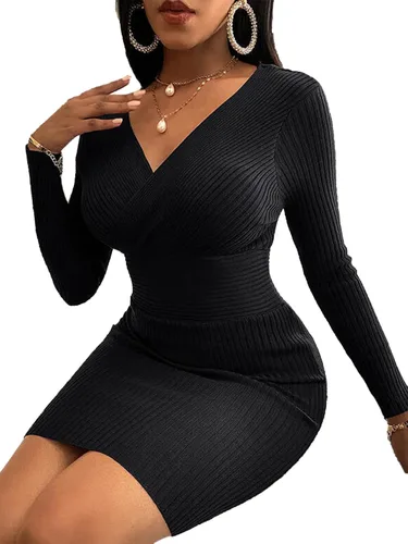 Vista 3 de LYANER Vestido corto ajustado de manga larga con cuello en V para mujer