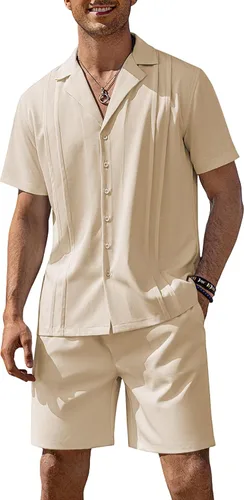 Vista 15 de COOFANDY Conjunto corto de 2 piezas para hombre, camisa con botones Guayabera, casual, trajes de playa de verano Verde militar