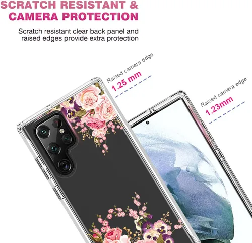 Vista 2 de Funda para Galaxy S22 Ultra, SM-S908U con protector de pantalla de vidrio templado, cuerpo completo transparente con protección de diseño floral
