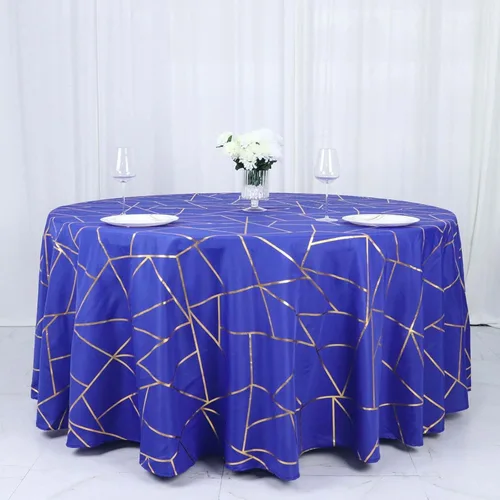 Vista 5 de Efavormart - Mantel redondo de poliéster de 120 pulgadas con patrón geométrico de lámina dorada Azul real