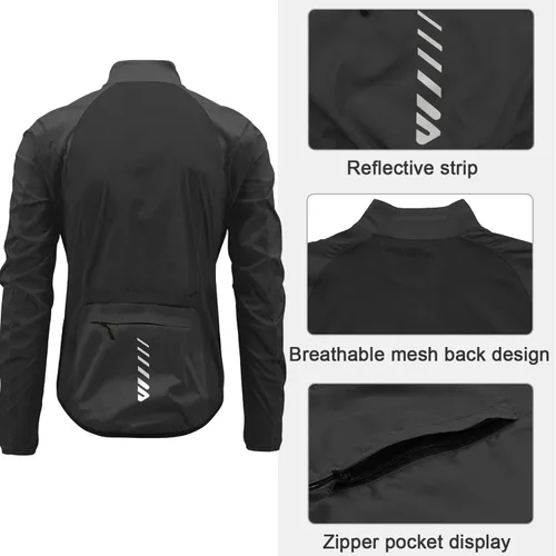 Vista 4 de Lo.gas Chaqueta de ciclismo para hombre, chaqueta cortavientos ligera plegable con bolsillos y tiras reflectantes