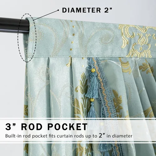 Vista 3 de Cenefa de cascada de damasco jacquard, aguamarina, 39 pulgadas de ancho, 1 panel Damask Waterfall Valance, Rod Pocket with Tassels Valance, For
