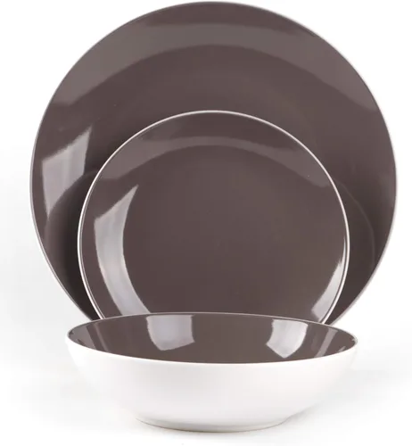 Vista 3 de HomeVss - juego de vajilla de gres en forma de cupé de 18 piezas, exterior blanco + interior taupe gris topo