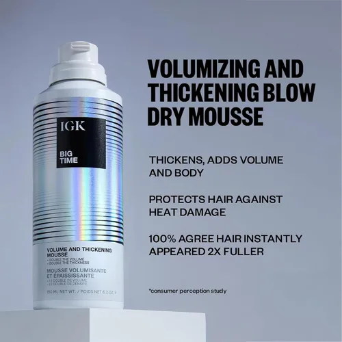 Vista 5 de IGK BIG TIME - Mousse de volumen y espesante Moveable + Plenitud + Control de encrespamiento Vegano + libre de crueldad 6.2 onzas Volumizing
