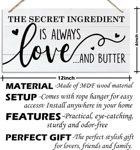 Vista 2 de Cartel de cocina divertido con texto en inglés "The Secret Ingredient Is Always Love and Butter", letrero decorativo para colgar en la pared