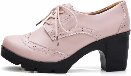 Vista 4 de DADAWEN - Zapatos clásicos de cuero para mujer, con cordones, de tacón medio cuadrado y grueso con plataforma y puntera, para pantalones oxford
