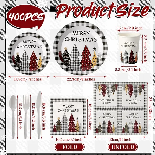 Vista 2 de Dandat 400 piezas de platos y servilletas desechables de Navidad, juego de suministros para fiesta de Navidad de vajilla desechable para 50