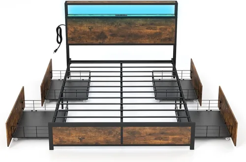 Vista 9 de Giantex Base de cama matrimonial con cabecero de luces LED y 4 cajones de almacenamiento, plataforma de metal con tomas de corriente y puertos USB