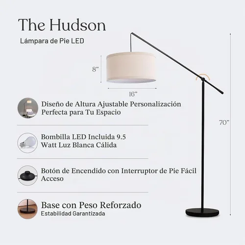 Vista 3 de Brightech Hudson 2 - Lámpara de pie LED, lámpara alta con base resistente, lámpara de arco contemporánea para salas de estar y oficinas, gran Negro