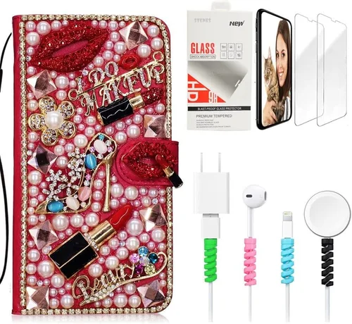 Vista 7 de Bling - Funda de piel con tapa para iPod Touch 5ª, 6ª y 7ª - Elegante - Diseño de flores en 3D - Funda de piel con protector de pantalla y protector