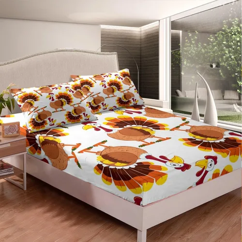 Vista 3 de Erosebridal Juego de sábanas de pavo tamaño individual, juego de sábanas de Feliz Acción de Gracias, sábanas para niños, lindas sábanas de aves