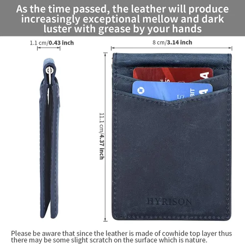 Vista 6 de HYRISON Cartera de cuero genuino Slim doble bolsillo frontal para hombres con clip de dinero bloqueo RFID