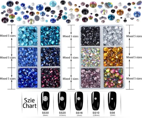 Vista 2 de LPBeads 6400 unidades de diamantes termoadhesivos de 12 colores con parte trasera plana, 5 tamaños mixtos, gemas de cristal redondas con pinzas