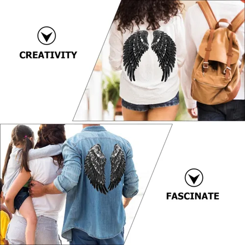 Vista 3 de Sequin Angel Wing Embroidery Applique Patch 2 Pairs Black DIY Clothing Sewing Patch Garment Decor for Jackets Shirts and Clothes Repair