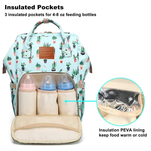 Vista 2 de Mochila para pañales de cactus, bolsa de pañales de viaje impermeable para el cuidado del bebé