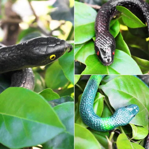 Vista 7 de Outee 7 serpientes de goma realistas – Juguetes falsos de serpiente negra de 15 a 47.2 pulgadas para accesorios de jardín, pájaros asustadores
