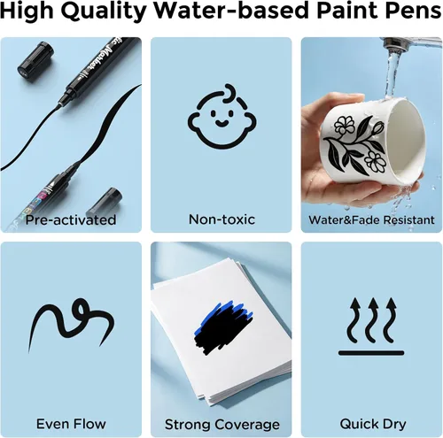 Vista 3 de Betem Bolígrafos de pintura acrílica negra, paquete de 2 marcadores acrílicos de doble punta, bolígrafos de pintura negra resistentes al agua