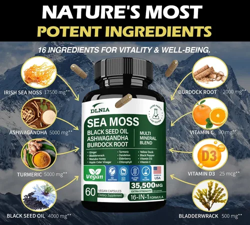 Vista 2 de Cápsulas alternativas de gel de musgo marino orgánico 16 en 1 – Mezcla de superalimentos con Ashwagandha, aceite de semilla negra, cúrcuma, vejiga