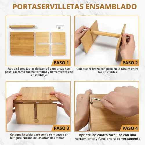 Vista 2 de Servilletero de bambú para mesa, servilletero cuadrado con brazo pesado, soporte de papel de cóctel de madera para cocina, comedor y fiesta