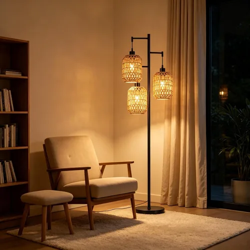Vista 4 de QIYIZM - Lámpara de pie con diseño de árbol de 3 bombillas; alta, rústica, estilo rural, industrial y boho, pantalla de mimbre y bambú; para sala