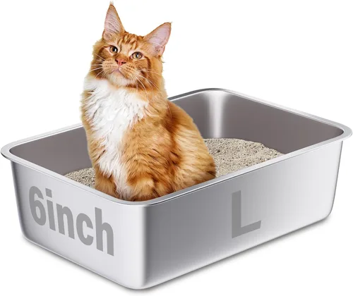 Vista 6 de Caja de arena de acero inoxidable, paquete de 2 cajas de arena de metal para gatos, caja de arena XL de acero inoxidable para gatos de 17.7 x 13.8 x