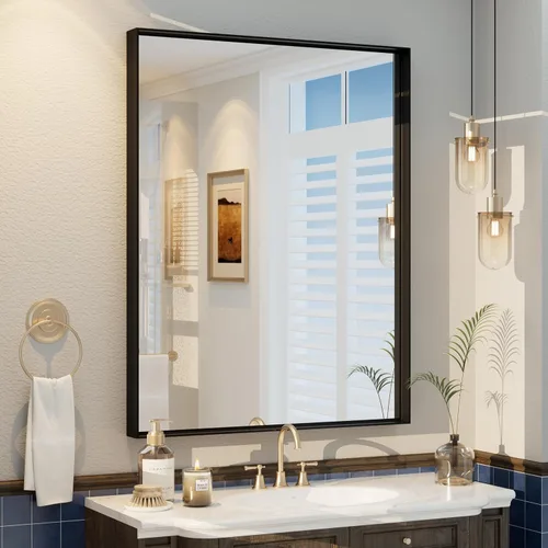 Vista 93 de Paquete de 2 espejos de baño con marco de metal negro de 22 x 30 pulgadas, espejo rectangular redondeado negro mate, antioxidante, se cuelga
