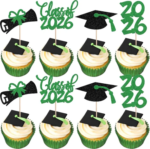 Vista 46 de 24 piezas 2026 temáticas de graduación 2026 decoraciones para cupcakes con purpurina clase de 2026 Diploma Congrats 2026 Tapa de graduación