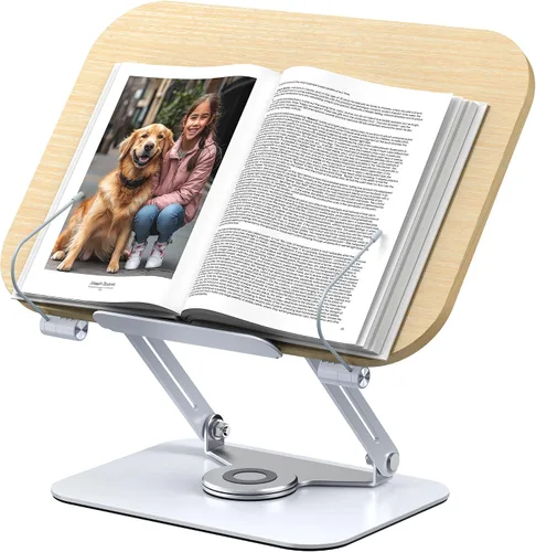 Vista 8 de MOKURU Soporte para libros para lectura, soporte ajustable de 360°, soporte plegable para libros, soporte para libros de cocina, soporte para libros