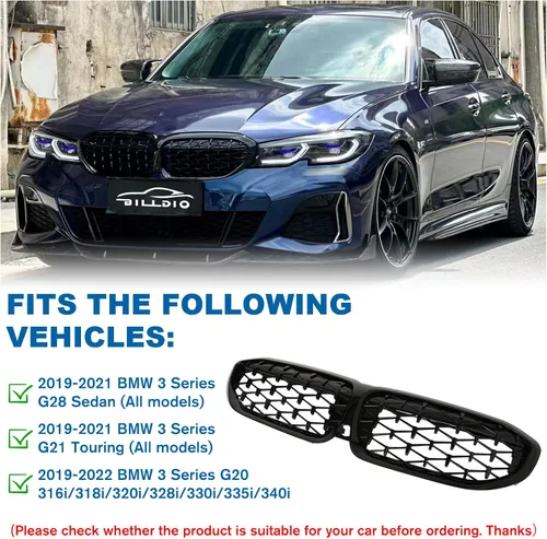 Vista 2 de Parrilla G20 - Parrilla de Riñón Negra Compatible con Serie 3 G20 316i/318i/320i/328i/330i/335i/340i de 2019-2022 Negro Brillante Diamante