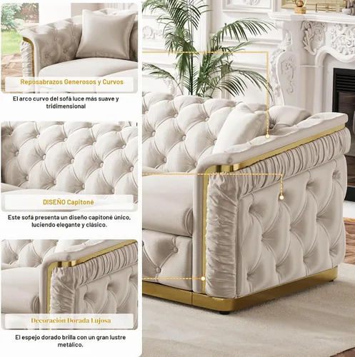 Vista 4 de Sofá de dos plazas Chesterfield de terciopelo de 62.2 pulgadas, sofá de lujo blanco y dorado, beige Gris