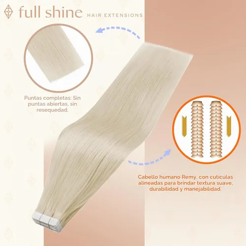 Vista 2 de Full Shine - Extensiones adhesivas de cabello humano de 20 pulgadas, extensiones de cabello con cinta invisible, color 1000 rubio hielo, sin