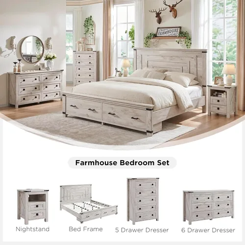 Vista 5 de T4TREAM - Cómoda de granja con 5 cajones para dormitorio, cómodas altas rústicas de madera, organizadores de cómodas para dormitorio, sala de estar