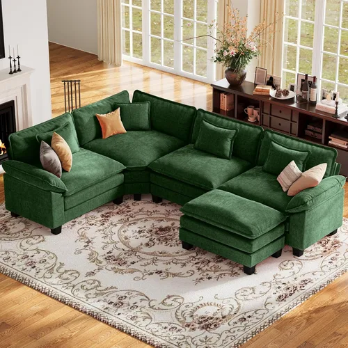 Vista 112 de Sofá modular de gran tamaño de 154 pulgadas, cómodo sofá en forma de U con 3 otomanas móviles, sofá moderno de felpilla de 7 plazas para sala