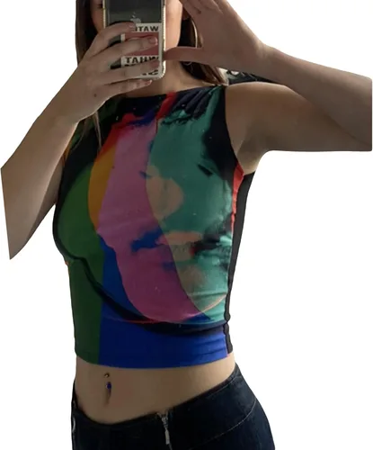 Vista 2 de Camiseta corta con estampado de retrato facial para mujer Y2K E-Girls de los años 90 sin mangas con estampado gráfico camiseta de verano