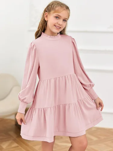 Vista 3 de Meikulo Vestidos de manga larga para niñas, cuello redondo con volantes, color liso, casual, acampanado, por debajo de la rodilla, 7-14 años